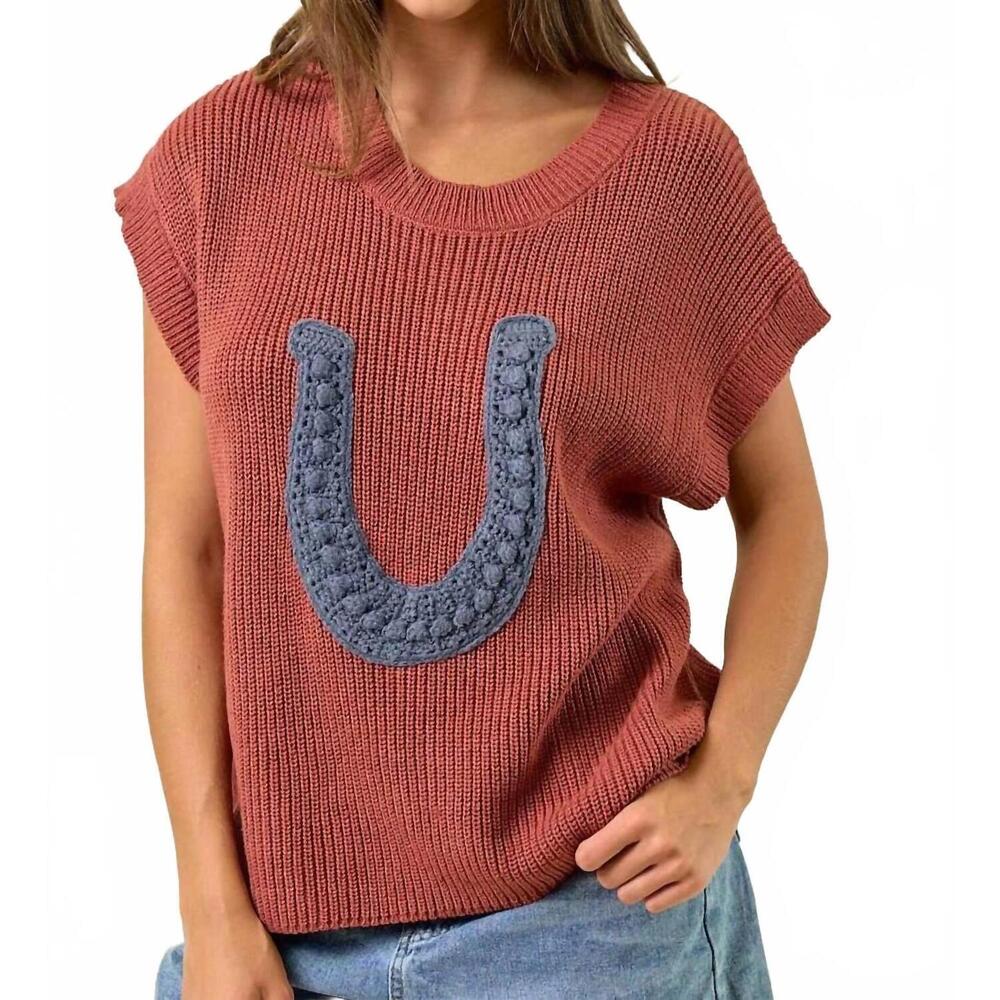 NEW DOE AND RAE western horseshoe sweater vest in terra cotta
